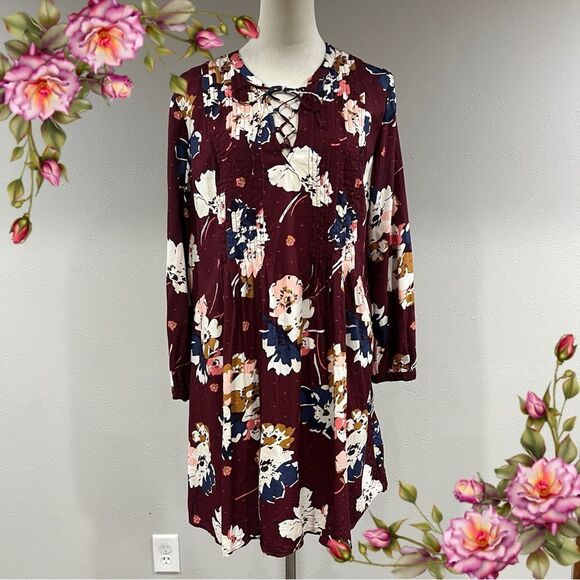 OLD NAVY burgundy Floral v-neck long sleeve Swing mini Dress size L Large - Picture 1 of 14